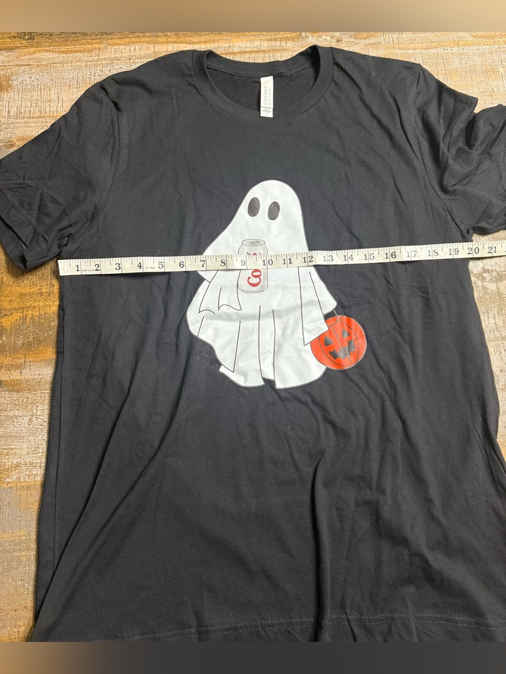Bella Canvas Black Tee with White Ghost, Orange Jack-O'-Lantern & Red Soda Can - Picture 6 of 8